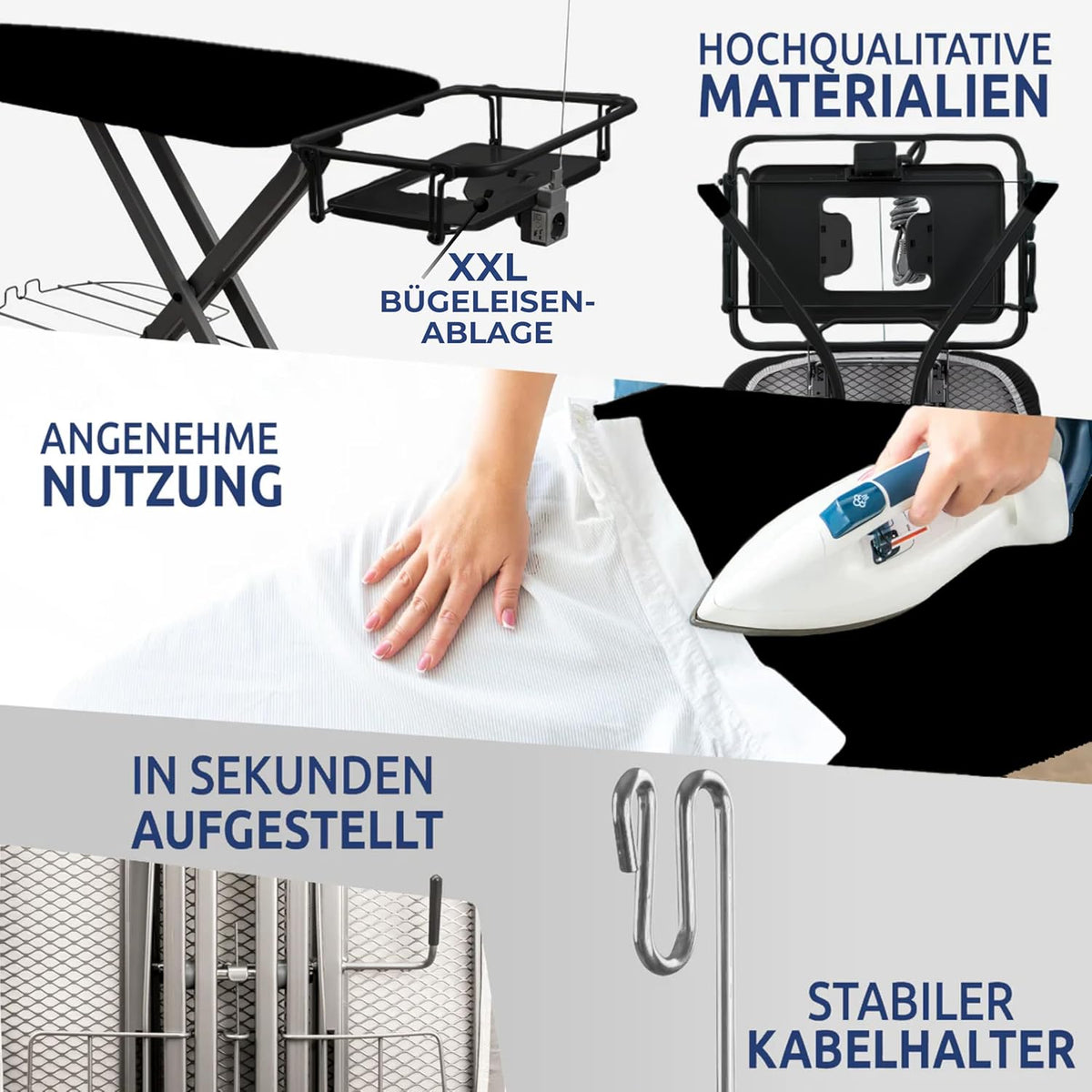 STAHLMANN® XXL Bügelbrett 130x48 cm – Für Dampfbügelstation – inkl. Ärmelbrett – 100 % Baumwollbezug – extra stabil – Made in EU