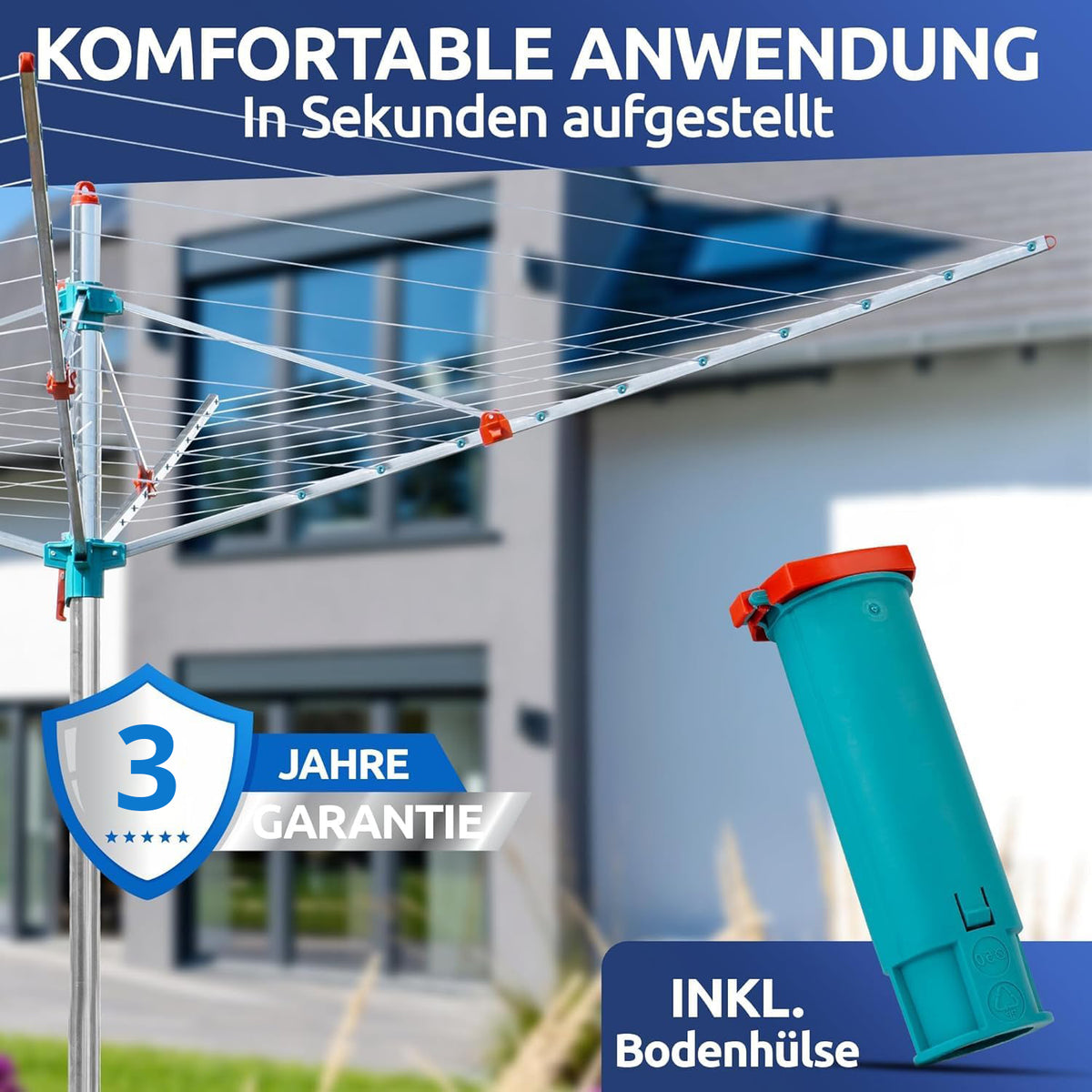 Wäschespinne 50m Made in Germany – 40kg Traglast, wetterfest & ergonomisch