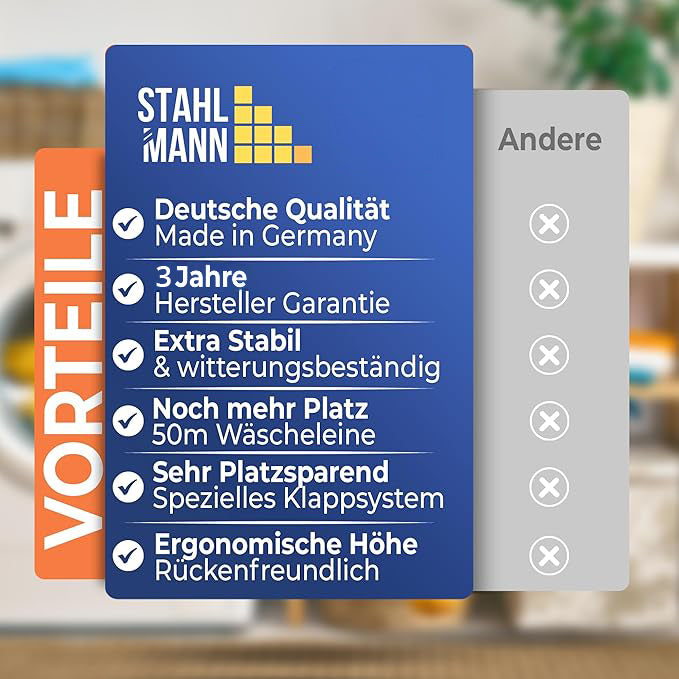 Gemaakt in Duitsland. Draaibare waslijn met een lengte van 60 meter.