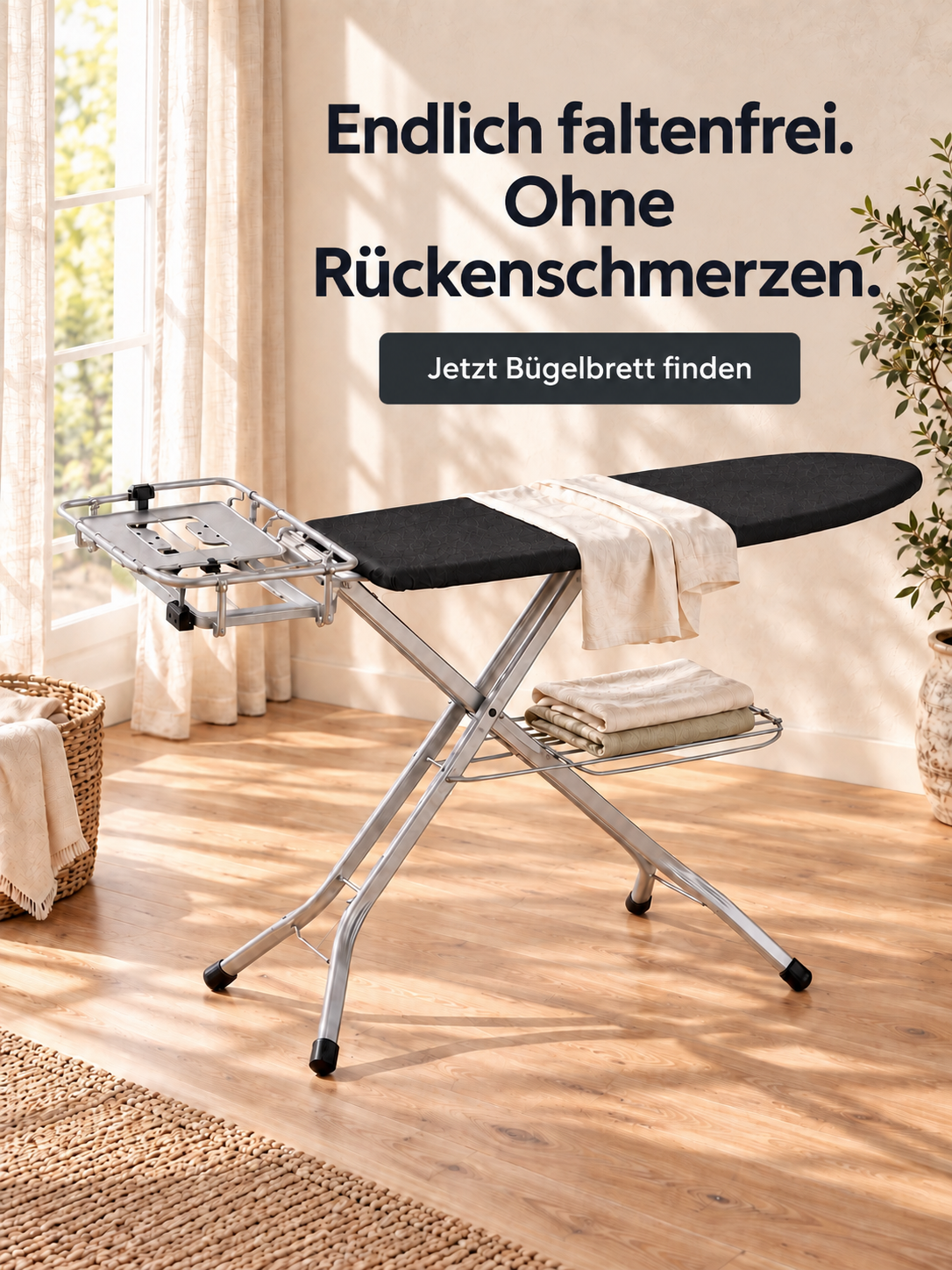 STAHLMANN Bügelbrett im hellen Wohnraum: Endlich faltenfrei. Ohne Rückenschmerzen. Jetzt Bügelbrett finden